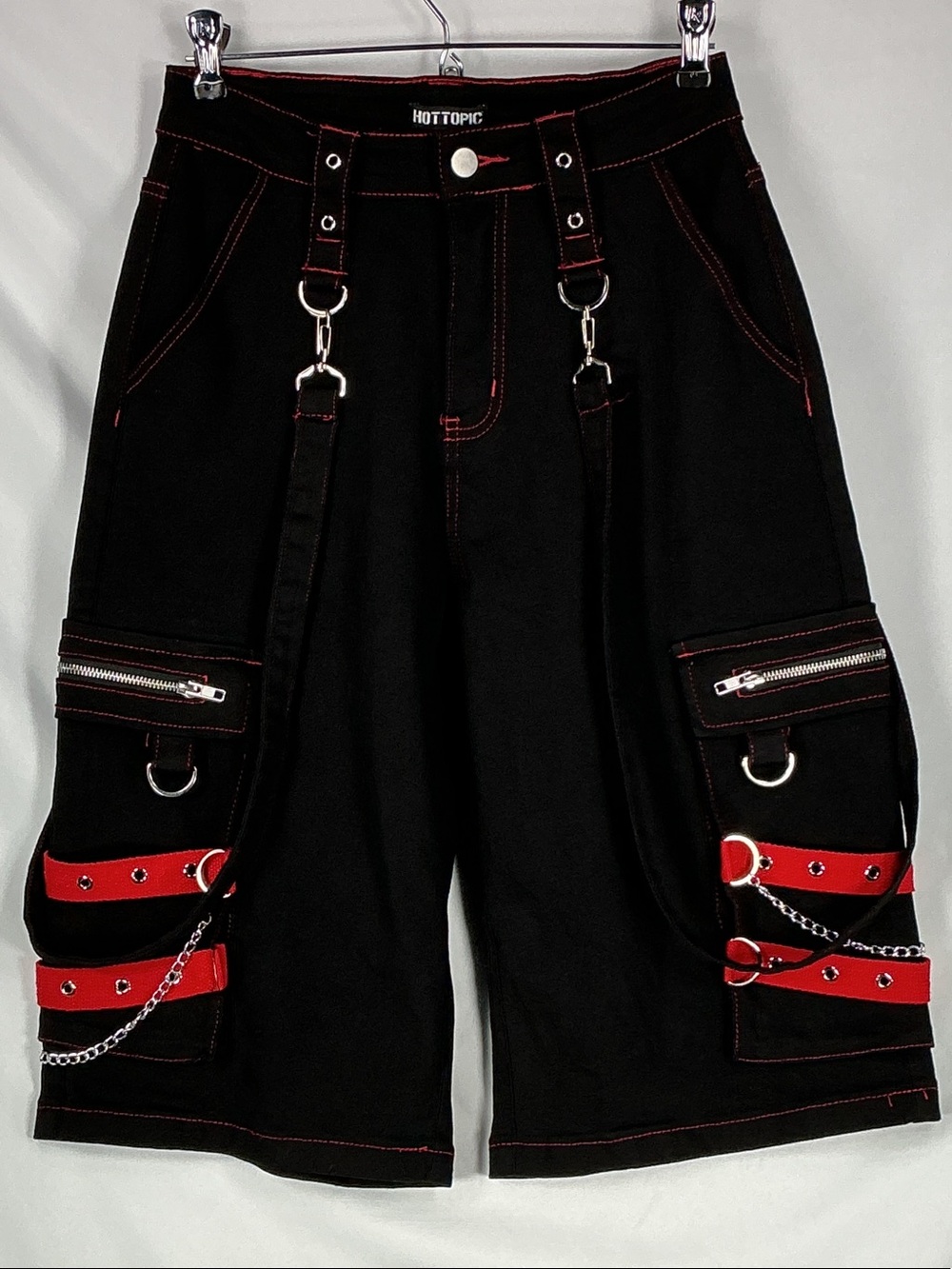 Hot Topic Cargo Suspenders Black Red Grommet Shorts Strap & Silver Chain Details